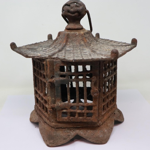 315 - Late 19th/early 20th century Chinese cast metal hanging cage or lantern in the form of a Pagoda, dam... 