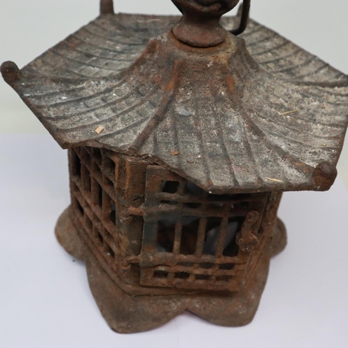 315 - Late 19th/early 20th century Chinese cast metal hanging cage or lantern in the form of a Pagoda, dam... 