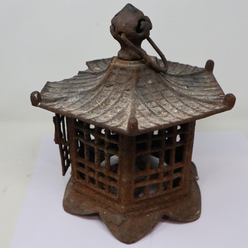 315 - Late 19th/early 20th century Chinese cast metal hanging cage or lantern in the form of a Pagoda, dam... 