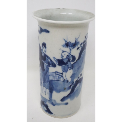 316 - Kangxi cylindrical sleeve vase decorated with figures in a garden, loss to rim, H: 15 cm. UK P&P Gro... 