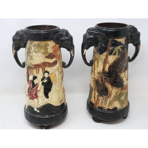 265 - Pair of Bretby twin handled vases in the Oriental manner, damages throughout, H: 32 cm. UK P&P Group... 