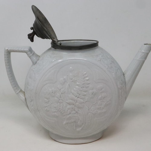 272 - Victorian teapot with pewter lid and finial in the Thomas Booth manner, registration lozenge to base... 