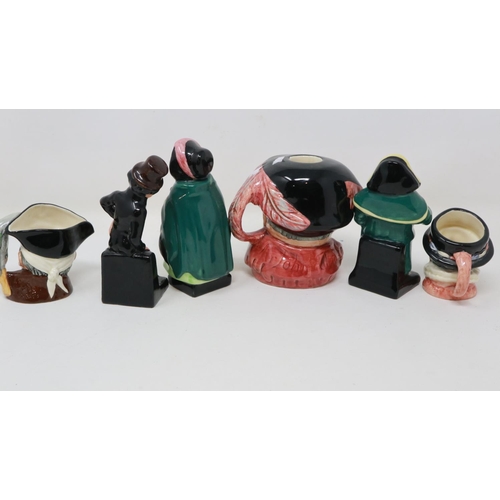 235 - Three Royal Doulton character jugs and three Dickens figurines, no cracks or chips, largest H: 10 cm... 