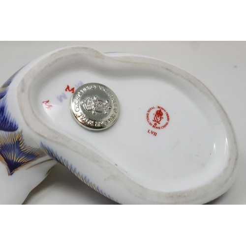 239 - Royal Crown Derby Artic fox paperweight, seconds quality with silver stopper, no cracks or chips, L:... 