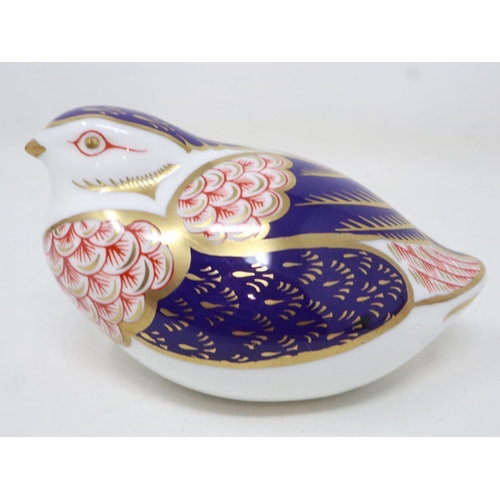 249 - Royal Crown Derby quail paperweight, seconds quality with silver stopper, no cracks or chips, L: 11 ... 