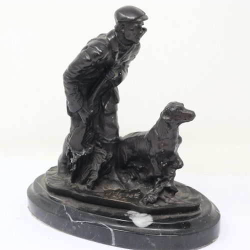 343 - After Mene: a hollow cast bronze figural group, Scottish Hunter with Hound, raised on a marble plint... 