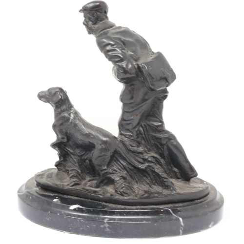 343 - After Mene: a hollow cast bronze figural group, Scottish Hunter with Hound, raised on a marble plint... 