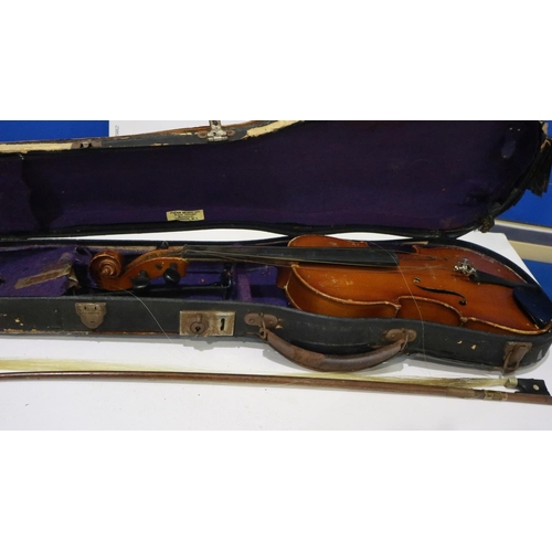 346 - Czechoslovakian student violin baring label for Stradivarius, in a case with bow marked PIEMA, in di... 