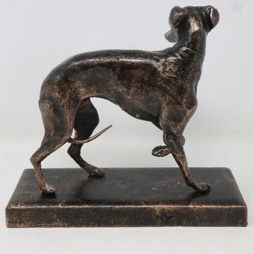 328 - Bronzed cast iron figure of a startled greyhound on plinth base, L: 18 cm. UK P&P Group 2 (£20+VAT f... 