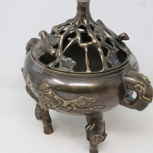 329 - Large 20th century Chinese bronze censer with pierced cover, decorated throughout with vines and bir... 