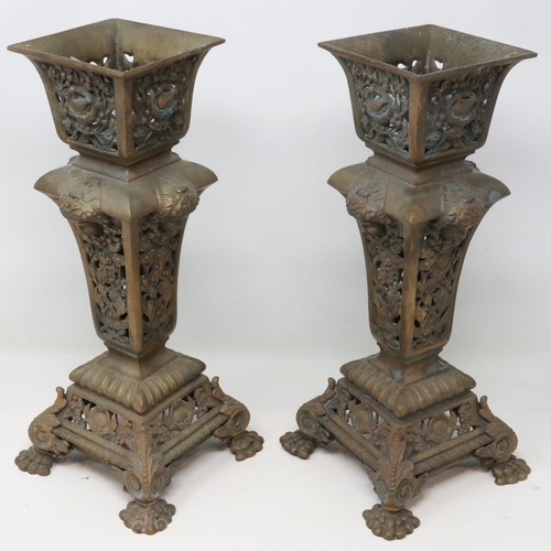 331 - Pair of 19th century brass garnitures, relief cast in the Neo Classical manner, H: 32 cm. UK P&P Gro... 