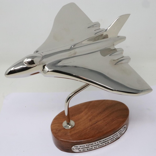 339 - Chrome Avro Vulcan bomber on a wooden base, H: 18 cm. UK P&P Group 2 (£20+VAT for the first lot and ... 