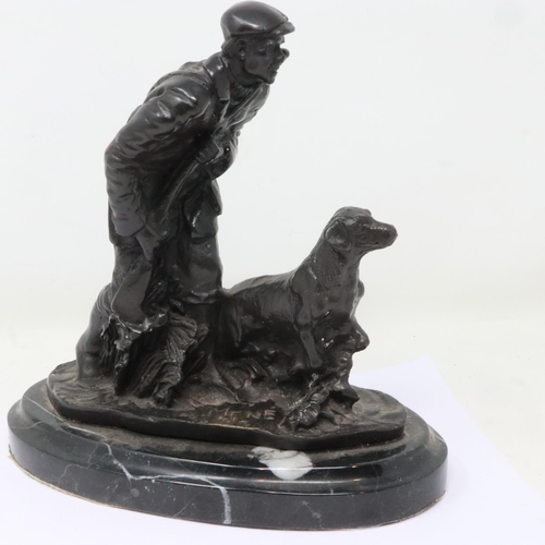 343 - After Mene: a hollow cast bronze figural group, Scottish Hunter with Hound, raised on a marble plint... 