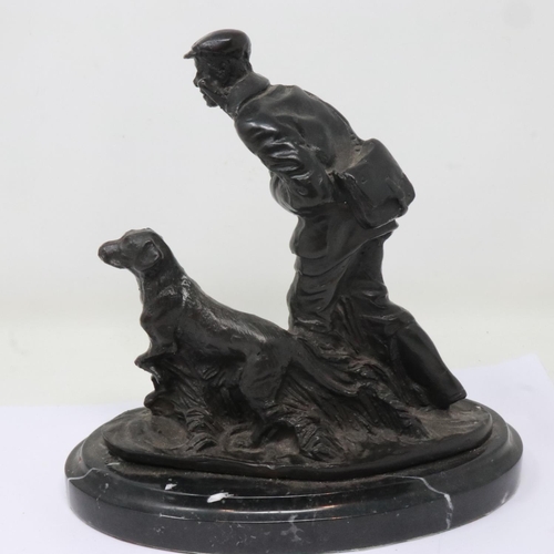 343 - After Mene: a hollow cast bronze figural group, Scottish Hunter with Hound, raised on a marble plint... 