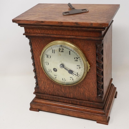 350 - 19th Century French oak cased mantel clock, chiming on a gong, working at lotting. Not available for... 