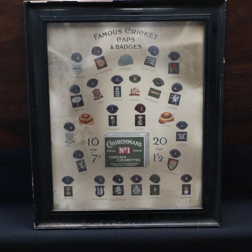 1500Z - Framed poster of famous cricket caps and badges. Not available for in-house P&P