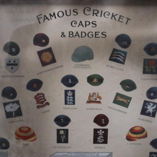 1500Z - Framed poster of famous cricket caps and badges. Not available for in-house P&P