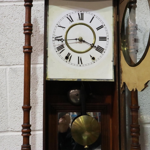 352 - Late 19th/early 20th century American wall clock, chiming on a bell set within an inlaid walnut case... 