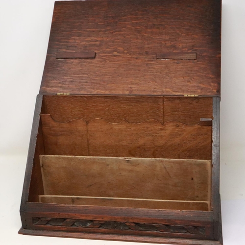 363 - Oak fitted stationery box with carved lid, H: 24 cm. Not available for in-house P&P