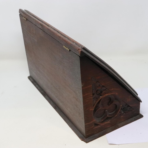 363 - Oak fitted stationery box with carved lid, H: 24 cm. Not available for in-house P&P