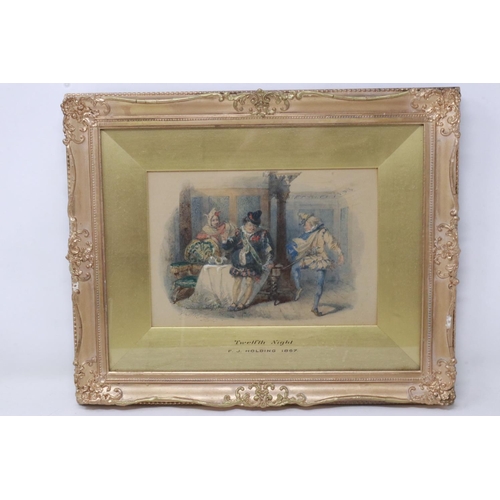 397 - Framed watercolour, Twelfth Night by F.J Holding 1867, 20 x 11 cm. Not available for in-house P&P