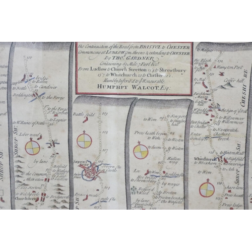 408 - Antiquarian map of Cheshire, with a Thomas Gardner continuation of the road from Bristol to Chester.... 