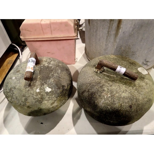 1838 - Pair of reconstituted stone curling stones. Not available for in-house P&P