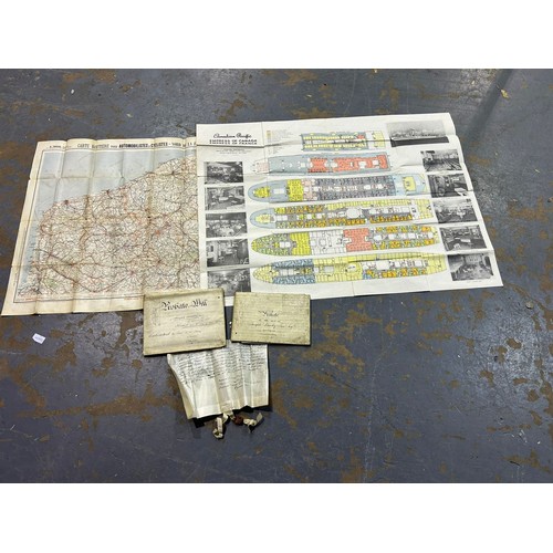 387 - Mixed ephemera, French map, Empress of France ship map, and two indentures. UK P&P Group 2 (£20+VAT ... 