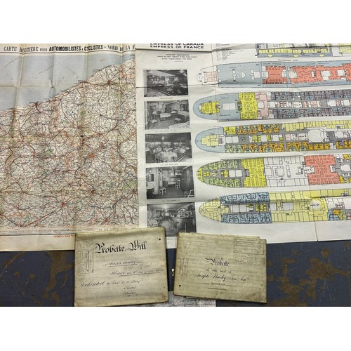 387 - Mixed ephemera, French map, Empress of France ship map, and two indentures. UK P&P Group 2 (£20+VAT ... 