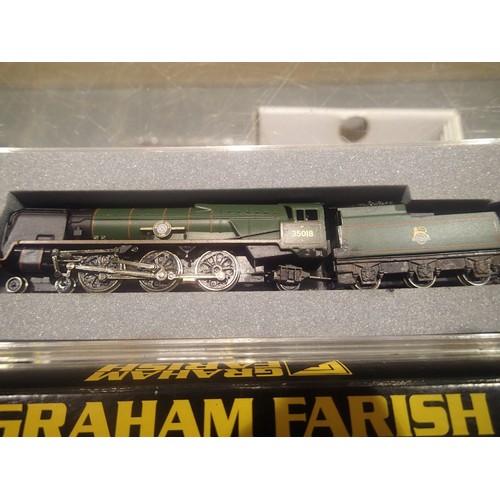 2134 - N gauge Graham Farish Merchant Navy class, British India Line, 35018, Green, Early Crest, overpainti... 