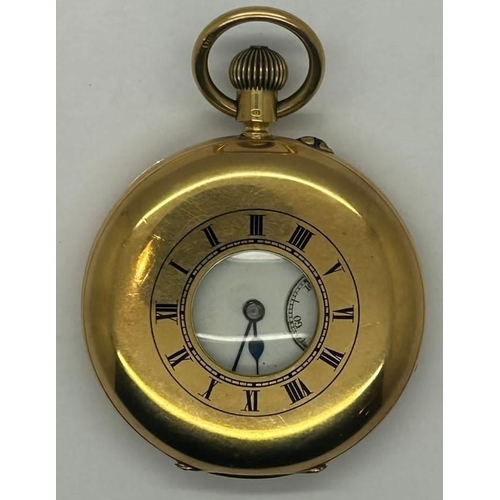 62 - 18ct gold cased Atkinson of Earlestown half hunter crown wind pocket watch, total 116.7g, works for ...