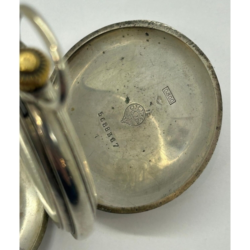 76 - OMEGA: 800 silver cased full hunter crown wind pocket watch with subsidiary seconds dial, working at... 