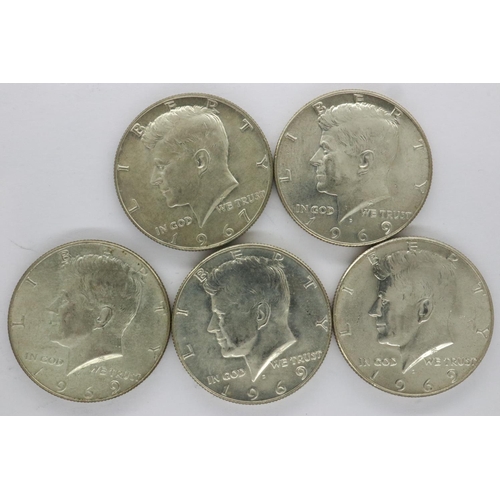 2017 - Four American 1969 and one 1967 silver Liberty dollars, all nUNC (5). UK P&P Group 0 (£6+VAT for the... 