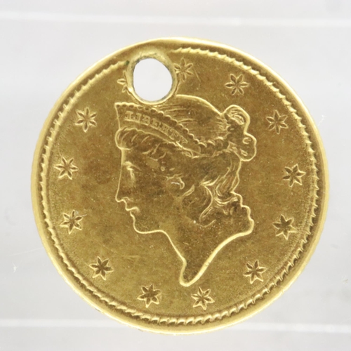 2037 - 1853 USA gold one dollar, holed, 1.6g. UK P&P Group 0 (£6+VAT for the first lot and £1+VAT for subse... 