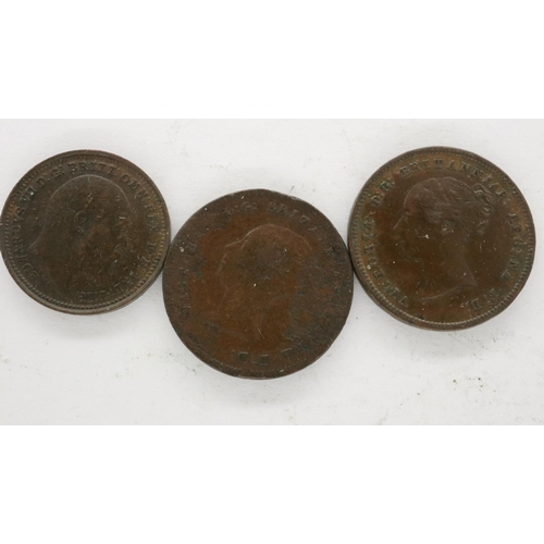 2088 - Two half farthings of Queen Victoria: 1844 and another (date obscured) and a 1902 one-third farthing... 