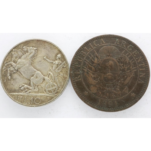 2129 - 1927 Italian silver 10 lira, and 1891 Argentinian 2 cents (2). UK P&P Group 0 (£6+VAT for the first ... 