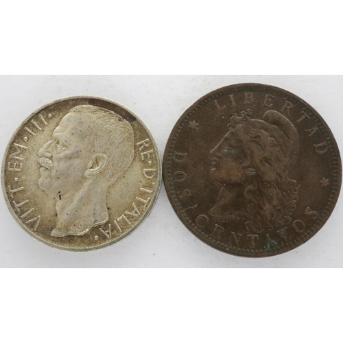 2129 - 1927 Italian silver 10 lira, and 1891 Argentinian 2 cents (2). UK P&P Group 0 (£6+VAT for the first ... 