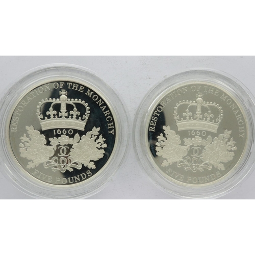 2199 - Two 2010 Restoration of the Monarchy silver proof £5, Royal Mint, each limited edition of 10,000, bo... 