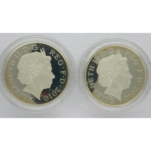 2199 - Two 2010 Restoration of the Monarchy silver proof £5, Royal Mint, each limited edition of 10,000, bo... 