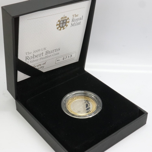 2200 - 2009 silver proof Piedfort £2, Robert Burns, Royal Mint, limited edition of 1500, boxed with CoA. UK... 