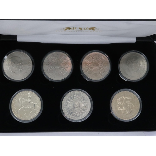 2218 - QEII seven-coin Commemorative Crown Collection, Harrington & Byrne, boxed with CoA. UK P&P Group 1 (... 