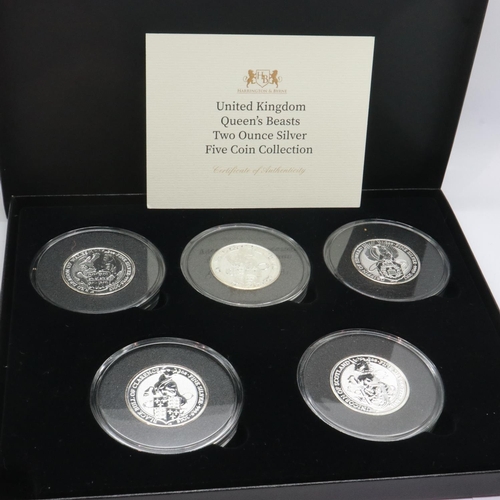 2220 - The Queens Beasts five coin silver proof 2oz £5 commemorative set, Harrington & Byrne, boxed with Co... 