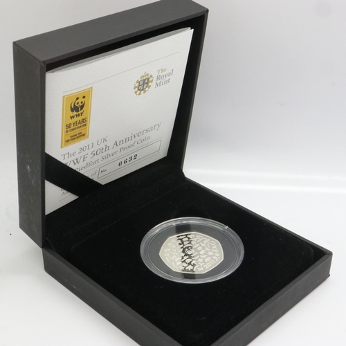 2223 - 2011 silver proof Piedfort 50p, WWF 50th Anniversary, Royal Mint, limited edition of 1500, boxed wit... 