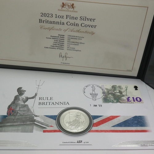 2243 - 2023 1oz silver Britannia coin cover, limited edition 233/299, in Harrington & Byrne presentation fo... 