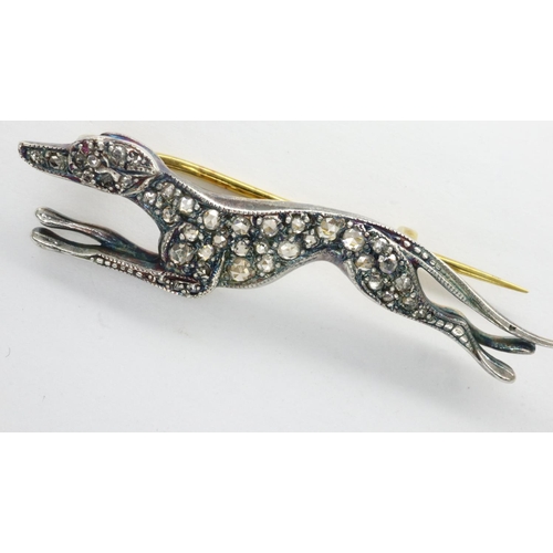 26 - Unmarked gold greyhound form brooch set with rose cut diamonds, L: 47 mm, 4.1g. UK P&P Group 0 (£6+V... 