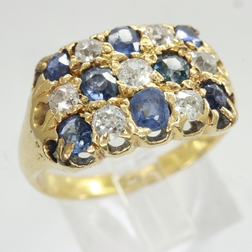 33 - Victorian 18ct gold cluster ring set with sapphires and old cut diamonds, size N, 6.0g. UK P&P Group... 