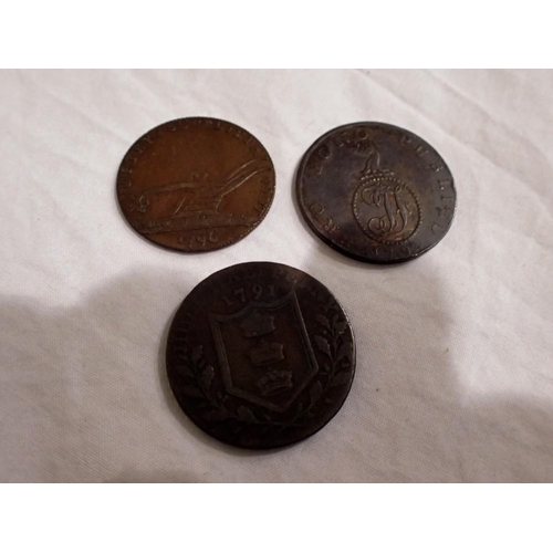 1103 - Three copper tokens: 1796 Industry Supplieth Want, 1788 Angelsey Mines, and 1791 Hull Halfpenny.. UK... 