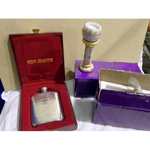 1117 - Two boxed candles and stands and a Royal Selangor pewter hipflask, boxed. Not available for in-house... 