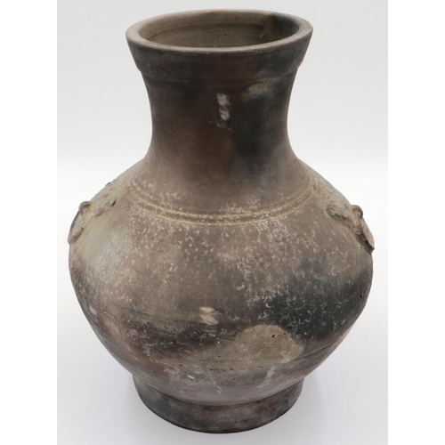 161 - Early Qing Dynasty grey clay jar, baluster form with integral faux ring handles, footed base and fla... 