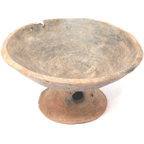 168 - Han Dynasty grey clay bowl, with reticulated foot (likely for burner), D: 20 cm, H: 10 cm, small los... 